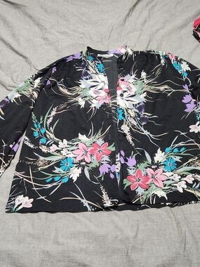 Teddi Black Floral Button-Down Top with Pink & Teal Accents